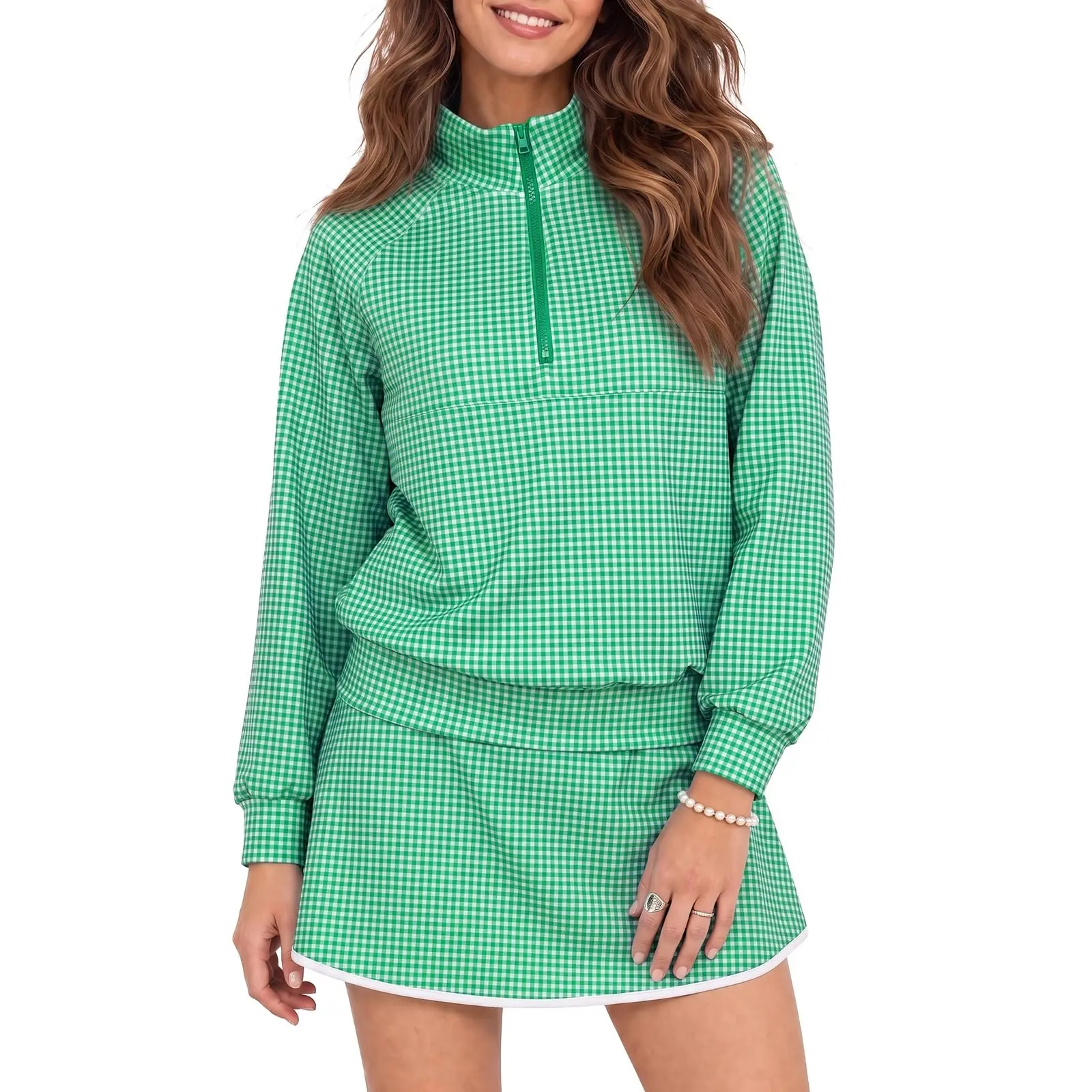 Fisoew Women's Plus Size Preppy Gingham Raglan Pullover - Half Zip Cropped Active Top, Stretch Fabric Athletic Style Activewear for Tennis, Casual Athletic Apparel Fashion Sportswear Fitness Clothes Tops