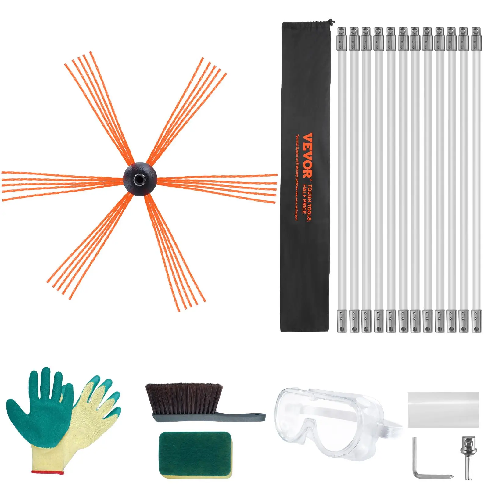 【summerfinds】VEVOR 39 Feet Chimney Sweep Kit, w/ 12 Reinforced Nylon Flexible Rods, Ergonomic Chimney Cleaning Brush, 360-Degree Brush Chimney Cleaner, Rich Accessories for Fireplace Flue Home Use Fits most Pipes