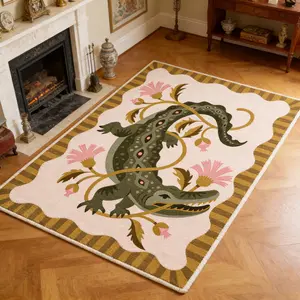 Vintage Jungle Crocodile Rug, Soft Comfortable Living Room Mat, American Vintage Floral Striped Edge, Home Decoration, Hand Wash Only