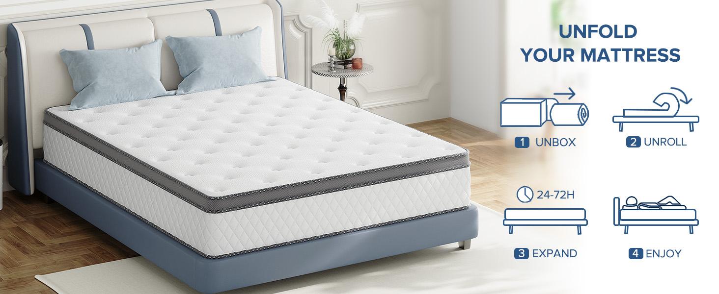 10/12" Hybrid Mattress - Fiberglass Free, Medium Firm Bed in a Box with Bamboo Charcoal & Cooling Gel Memory Foam, Ergonomic Lumbar Support for Back Pain, Anti-Pill & Fireproof Safety, SGS Certified, Queen/Full/Twin Size
