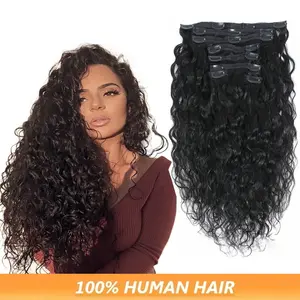 2025 Fashion Wholesale Water Wave Clip in Hair Extension for Women Full Head Clip in Hair Extension Nature Black 8pcs/Set Full And Soft Ends Human Hair Curly Hair