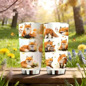 AuraCup 1pc 20oz Stainless Steel Insulated Tumbler with Lid, Cute Fox Forest Animal Design Portable Travel Cup, Drinkware, Valentine’s Day Gift, Birthday and Holiday Gift, Home Kitchen Supplies, Theme Event Decoration, Party Props