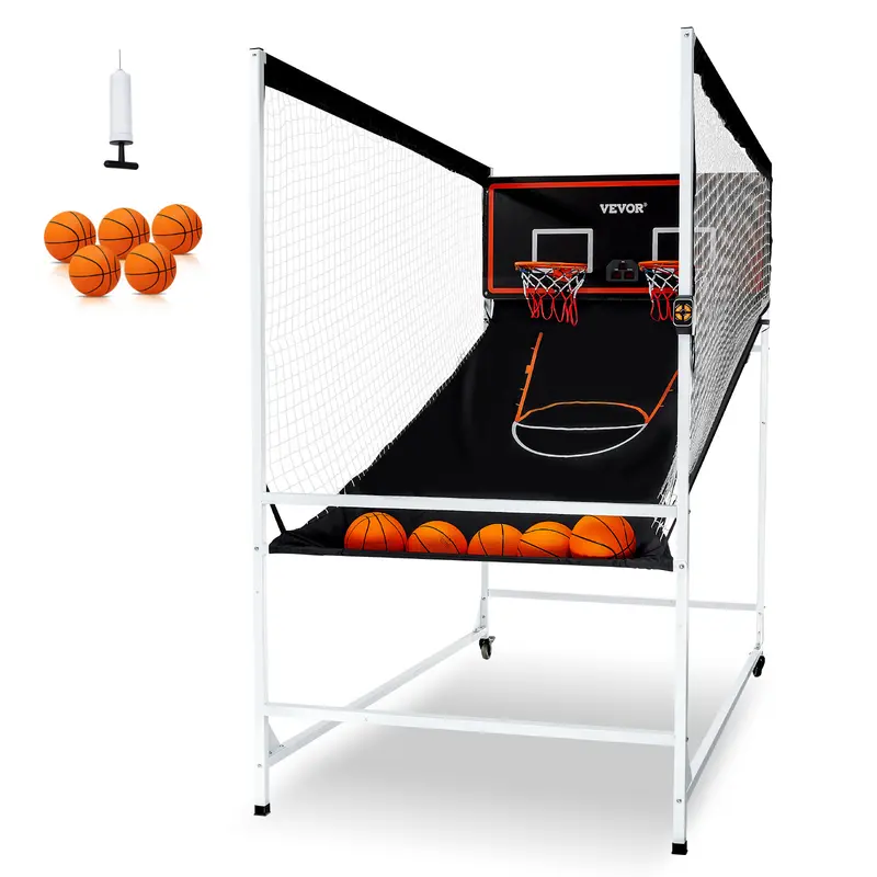 VEVOR Dual Hoops Arcade Cage Basketball Game, 2-Player Indoor Sport, 5 Balls, 8-In-1 Electronic Counter & Scoreboard, 7.5-Foot Tall, 600D Slide Fabric, Inflation Pump & Included Accessories (Black & White)