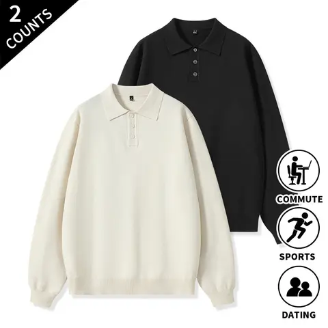Men's 2-Pack Polo-Collar Knit Pullover Sweaters - Long Sleeve Tops, Cozy Style, Long Baggy, Oversize Clothes, Loose Plain Knitwear for Commuting, Light Exercise