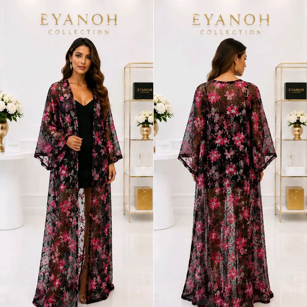 Eyanoh Collection Custom Floral Embroidered Sheer Kimono – One Size