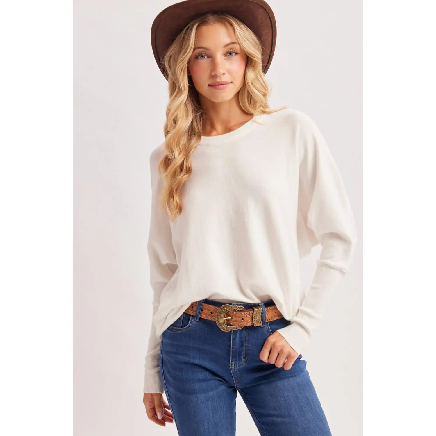 OVERSIZED BOXY DOLMAN SLEEVE SWEATER KNIT PULLOVER: IVORY