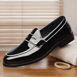 Men's Contrast Stitch Penny Loafers, Glossy Slip-On Formal Dress Shoes8662