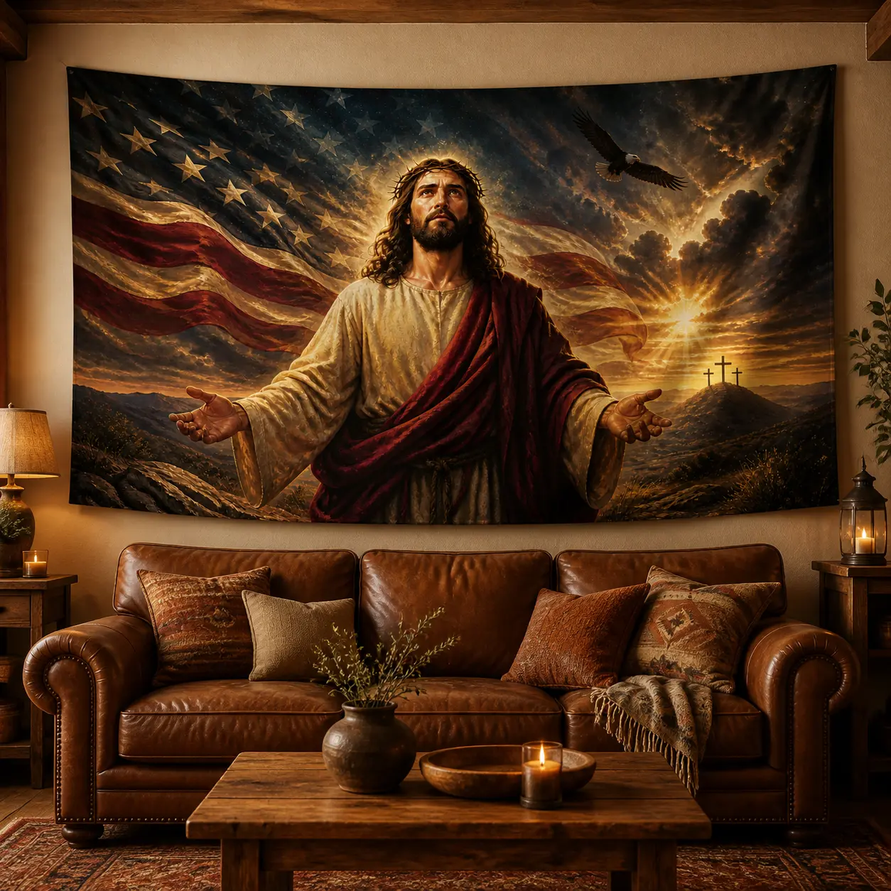 American Flag and Cross Wall Tapestry, Patriotic Christian Soldier Design, Lightweight Linen Fabric Wall Hanging for Living Room or Man Cave