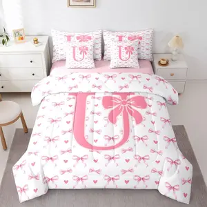 Cartoon Bowknot Comforter Set,Initial D Letter Bedding Set,Princess Coquette Decor Comforter,Buffalo Plaid Cherry Monogrammed Duvet Insert