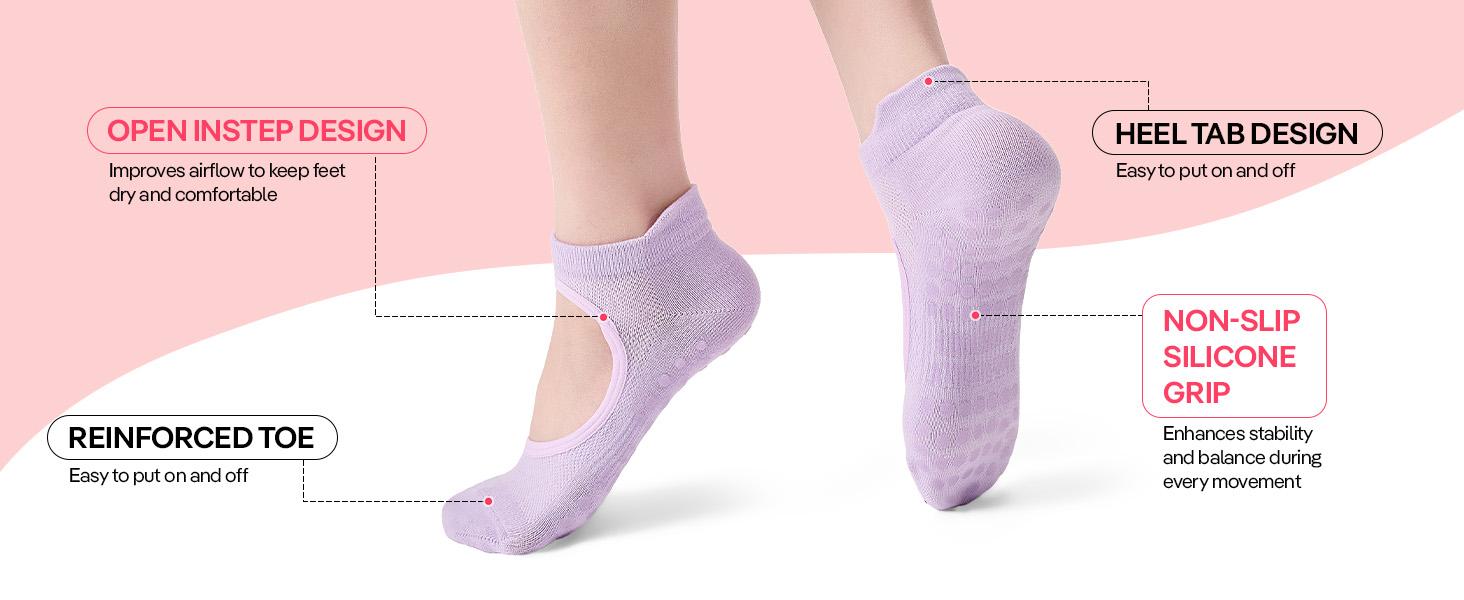 3 Pairs Non-Slip Yoga Socks for Women with Grips & Cutout Design | Anti-Skid Pilates, Barre, Ballet & Home Workout Socks | Breathable Cotton Hospital Grip Socks