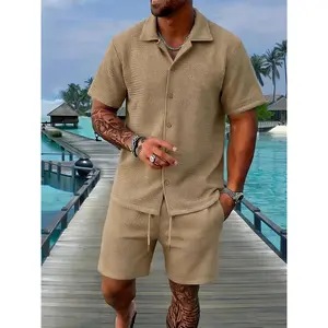 Men's 2-Piece Textured Knit Co-ord Set - Waffle Button-Down Shirt & Drawstring Shorts, Lightweight Breathable Outfit for Vacation, Daily Casual