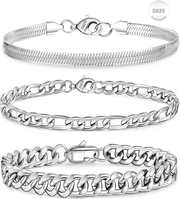 3PCS Chain Bracelet for Men Women, S925 Sterling Silver Cuban Herringbone Figaro Link Chain Wrist Bracelets Set Jewelry Gifts, adjustable 6/6.7/7.5/8.3/9.0 Inches  Bracelet for  Women