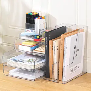 Desk Organizer with 2 Vertical File Holders, 4-Tier Stackable Paper Letter Tray File Organizer with 5-Compartment Pen Holder, Clear Desktop Organizer for Office Organization and Storage