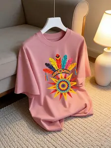 Girls' American Vintage Ethnic Style Short Sleeve T-Shirt, Indian Feather Headband Sun Totem Pattern, High Saturation Colors, Casual Fit