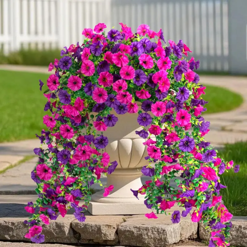 2 Bundles UV-Resistant Silk Fake Morning Glory Hanging Flowers with Realistic Eucalyptus, Decorative Faux Plants for Outdoor Porch Planters & Indoor Home Office Decor