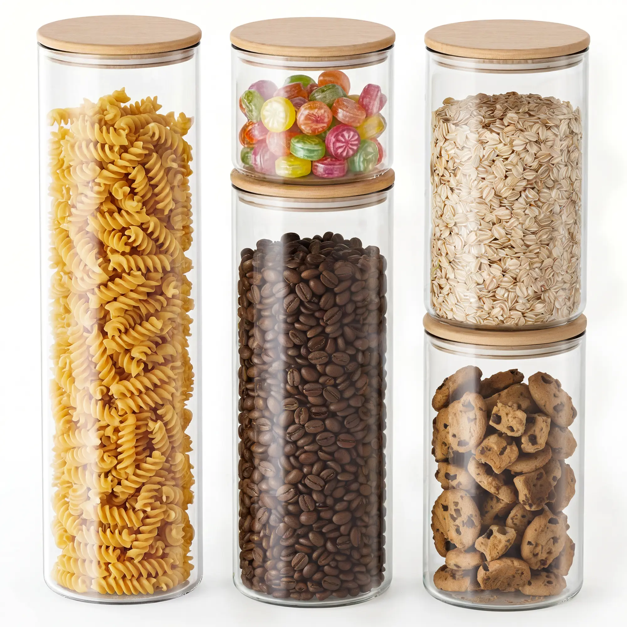 Genicook 5pc Modern Aesthetic Transparent Round & Square Glass Canister Set with Bamboo Lids - Airtight, Leakproof, Stackable Food Storage Containers with Silicone Sleeves, Kitchen Accessories, Pantry Organizers That Maintains Freshness for Pasta, Oats