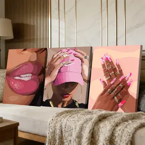 3 Counts Wooden Framed Canvas Painting, Stylish Pink Fashion Woman Art Images, Exquisite Poster, Perfect Living Room Decoration, Modern Art, Fashion Family Poster, Wall Art Decoration, Waterproof Art