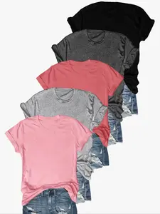 Women's Solid Short Sleeve Round Neck Tee, Casual Basic Fitted T-shirt for Daily Wear, Ladies Clothes for All Seasons