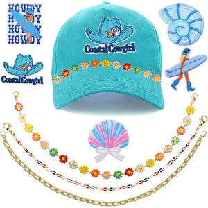 Hat Accessories Kit 8 PCS,Including 5PCS Blue Iron on Patches Conch Scallop Surfing Cowgiry,3PCS Trucker Hat Chains Daisy Flower for DIY Mesh Baseball Cap Decoration Detachable Accessories