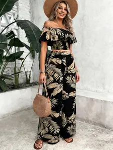 Two-piece set of women's black palm leaf print off-the-shoulder short top + wide-leg pants, light holiday style two-piece set, suitable for tropical vacation, seaside wear, light social afternoon tea, casual street wear, Flared Pants Set