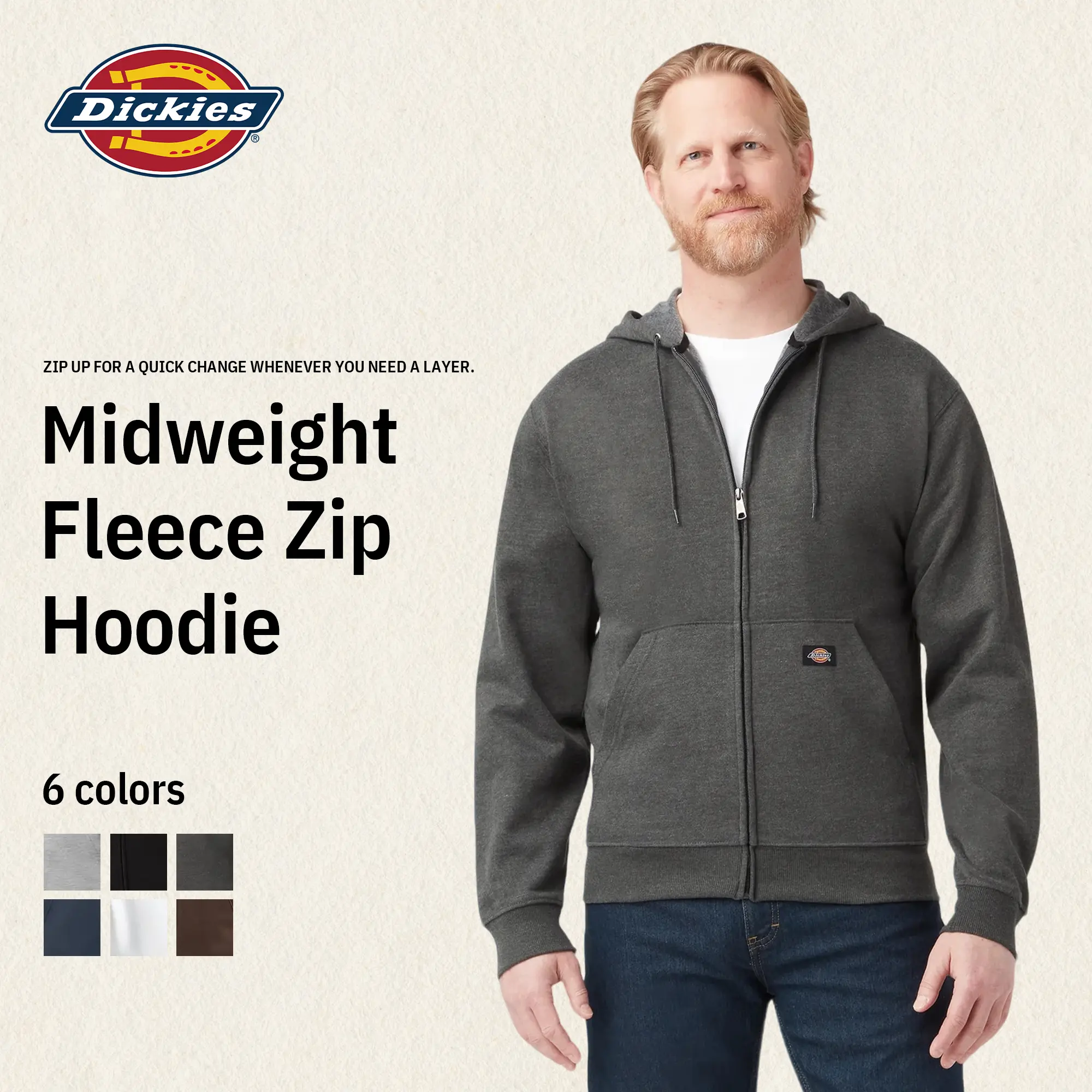 Dickies | Midweight Fleece Zip Hoodie,Easy to Layer, Two Front Pockets, Hidden Phone Pocket, Classic Workwear Style