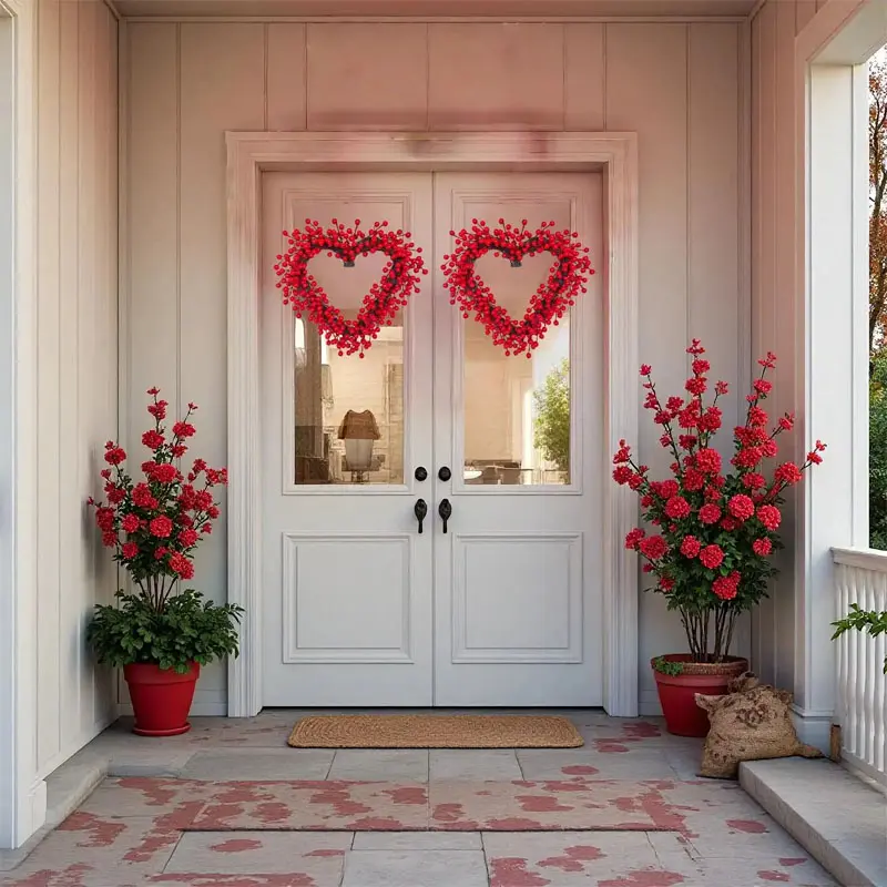 1PC, 16-inch heart-shaped Valentine's Day wreath, artificial heart-shaped wreath with red berries, romantic artificial wreath with love elements, perfect for front doors, walls, fireplaces, parties, engagement ceremonies/weddings and home decoration