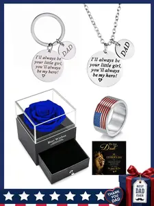Father's Day Gift Set, Necklace & Keychain, American Flag Ring, Lion Card, Blue Rose Box, Perfect for Christmas, Birthday, Memorial Day
