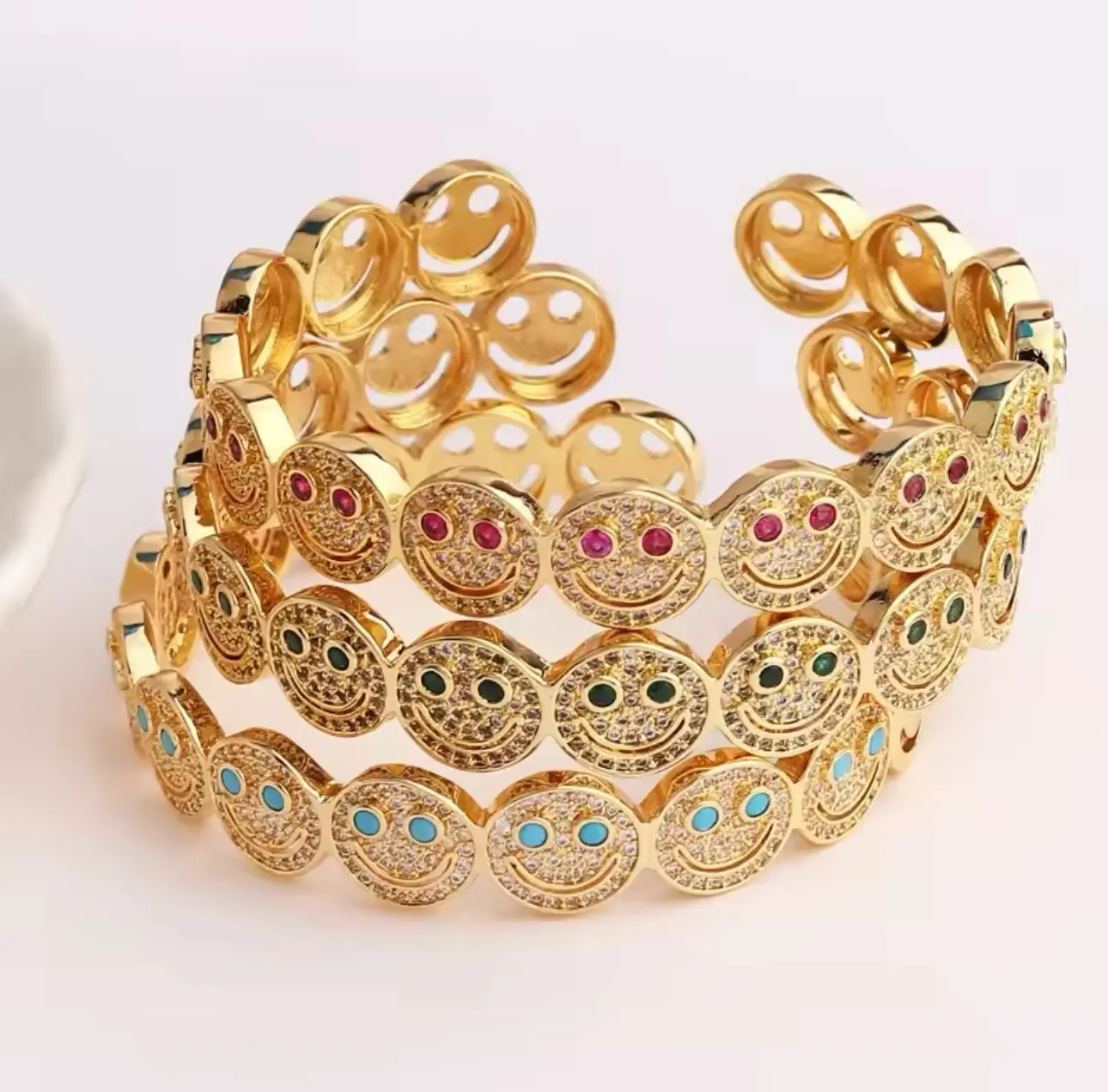 Smiley Face Bangle Bracelet, Copper Gold Plated Cubic Zirconia, Round Smile Cuff for Women