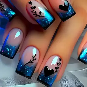 Curvlife Blue Mirage Press-On Nails, 24pcs Long Square Ombre Blue Glitter, Heart & Leaf Accents, Shiny Night Party Style, Nail Art Design
