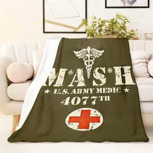 1PC MASH 4077th U.S. Army Medic Themed Blanket Vintage Military Medical Design with Caduceus and Red Cross Symbol Soft Warm Throw Blanket for Fans of Classic War Television Series Collectible Decora