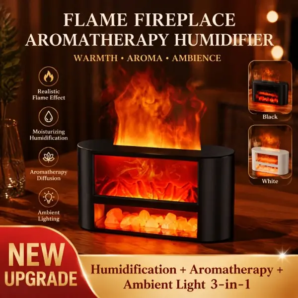 Stylish Fireplace Flame Aroma Humidifier, 3-in-1 Simulated Flame Night Light, Quiet Ultrasonic Essential Oil Diffuser, for Bedroom & Living Room, Home Decor & Perfect Gift