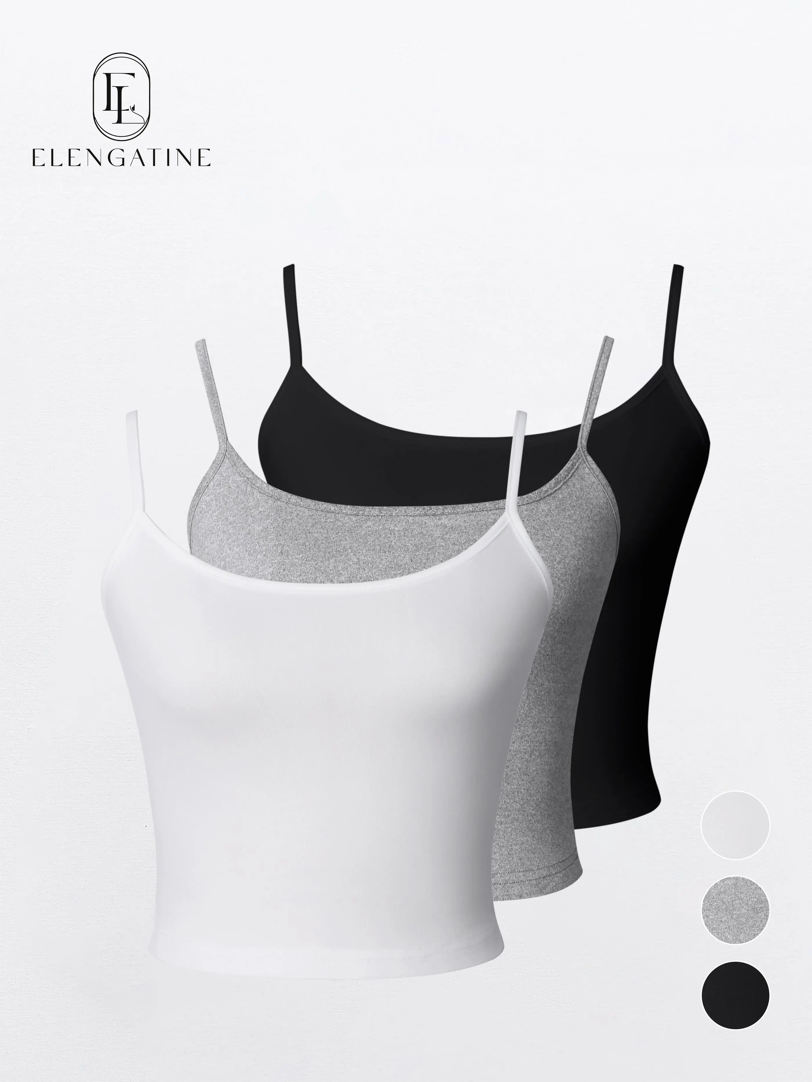 Elengatine 3 Pack Adjustable Spaghetti Strap Crop Camisole Tops, Scoop Neck Soft Knit Fitted Basic Tank Tops for Women, Minimalist, Sleeveless, Casual, Essential, Short, Style, Casual Cami, Crop Tops