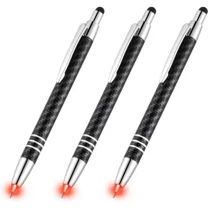 Lighted Tip Pen with Stylus 3-in-1 - LED Penlight Light Up Pen Light Ballpoint Pen with Light for Writing in the Dark - Pack of 3 - Red Light - GL006