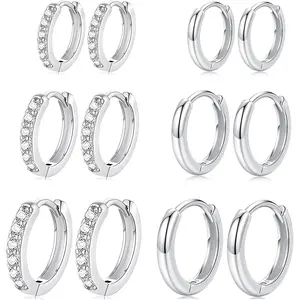 6 Pairs 3 different sizes Silver stainless steel Small Hoop Earrings for Women,Hypoallergenic Tiny Cubic Zirconia Cartilage Earring Sets for Multiple Piercing Trendy Jewelry 8/10/12mm Beauty & Personal Care