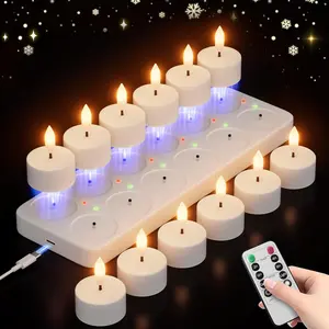 12Pcs White Rechargeable Flameless Tea Lights - Cableless, AC-Powered, Blue-Accented, Child-Friendly, Instant-On, with Charging Station, Remote, Timer, Realistic Flickering LED for Home, Christmas Indoor Decor (all White-12 Features Included)