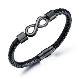 Men's Braided Leather Infinity Bracelet, High Quality Stainless Steel Endless Love Symbol Charm Wristband, Genuine Leather Bangle with Magnetic Clasp, 8.46 Inches
