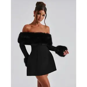 2025 autumn and winter new women's clothing elegant sexy fur collar off-shoulder slim slimming A-line dress casual womenswear comfort summer