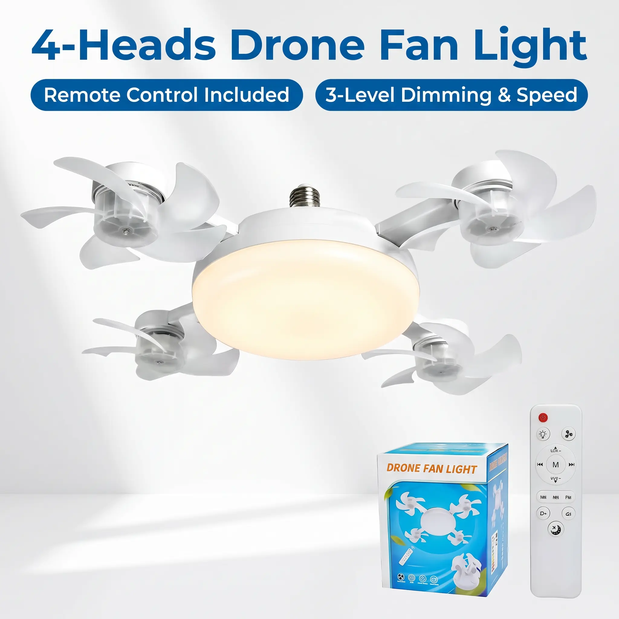 4-Heads Foldable Drone Ceiling Fan Light With Remote, 3 Speed & 3 Level Dimmable LED Fan Lamp, E26 Screw In Easy Install Quiet Fan Light For Bedroom Living Room Kitchen Small Room
