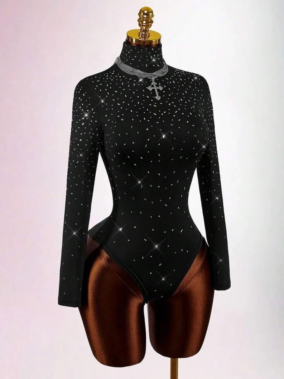 Women's Rhinestone Turtleneck Bodysuit, Long Sleeve High Waist Mini Party Outfit, Square & Round Crystal Decor, Sparkly Clubwear for Night Out