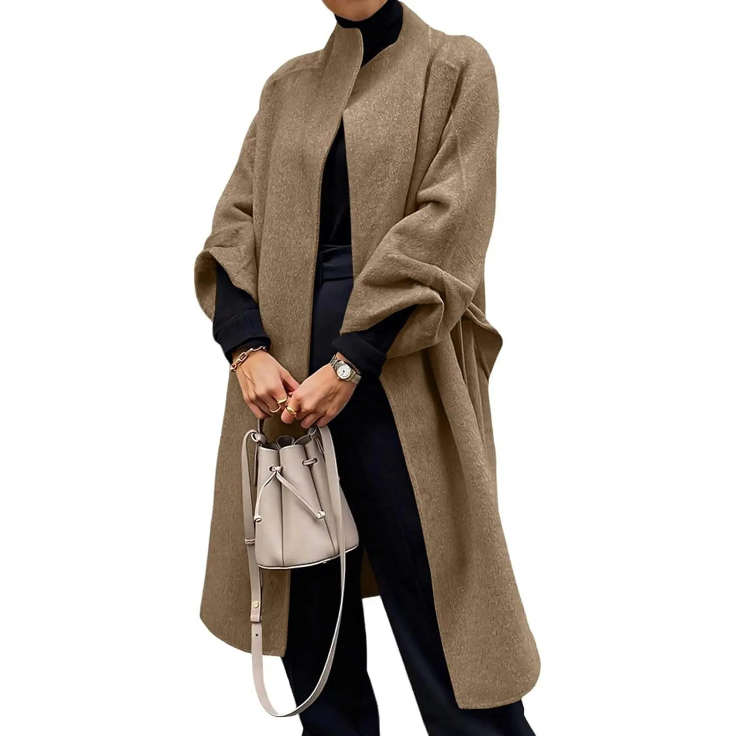 Oversized Wool Blend Coat for Women, Casual Solid Longline Open-Front Winter Jackets with Lapel Collar, Outerwear, Long Sleeve, Tops, Cold Weather Wear