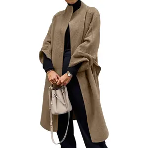 Womens Long Pea Coats Oversized Wrap Wool Blend Trench Coats Winter Open Front Cardigan Overcoats