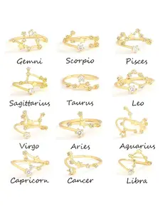 New Collection Of Zodiac Rings With An Open Design, Featuring Copper And Zirconia, A Stylish European And American Accessory, Perfect As A Birthday Gift For A Best Friend.