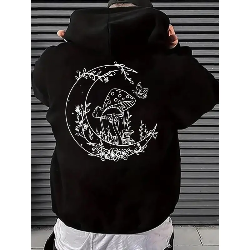 🍄🌸Mushroom Print Drop Shoulder Hoodie Fashion Casual Regular Fit , Holiday Outfits & Outdoor Activities, Soft & Comfy Streetwear Style, Trendy Graphic Hoodie, Cozy for Spring & Fall, Everyday Casual Top, Perfect Gift for Him