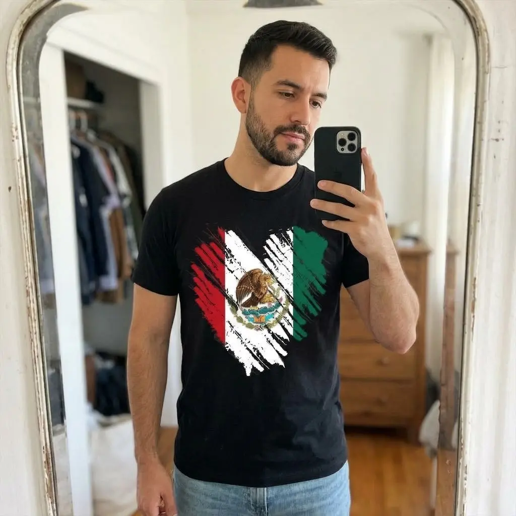 Pure Cotton T-Shirt with Casual Mexico City Mexican Flag Heart Print, Short Sleeve Graphic Top for All Seasons, Shortsleeve, Cold Wash