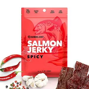 Kaimana Jerky Wild Caught Salmon Jerky - Organic Gourmet Dried Fish Strips Rich in Omega-3 & Protein - Low-Calorie Sweet Seafood Snack with No Gluten, Less Sodium & Sugar - Spicy Flavor - 2oz Pack
