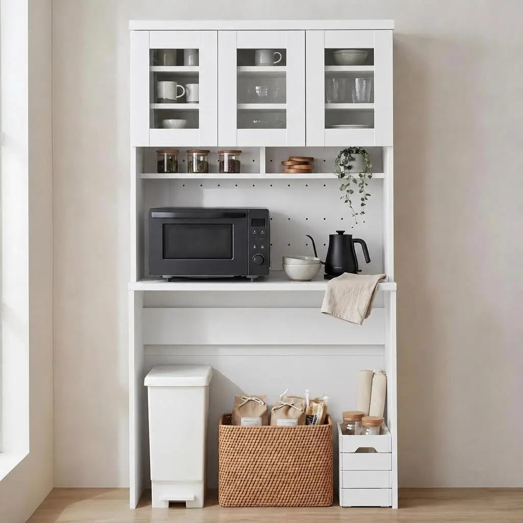 71.5" h Kitchen Cabinet with Trash Can Storage, Kitchen Trash Can Cabinet with Microwave Stand, 35.4" Wide Kitchen Pantry with Garbage Storage for Dining Room