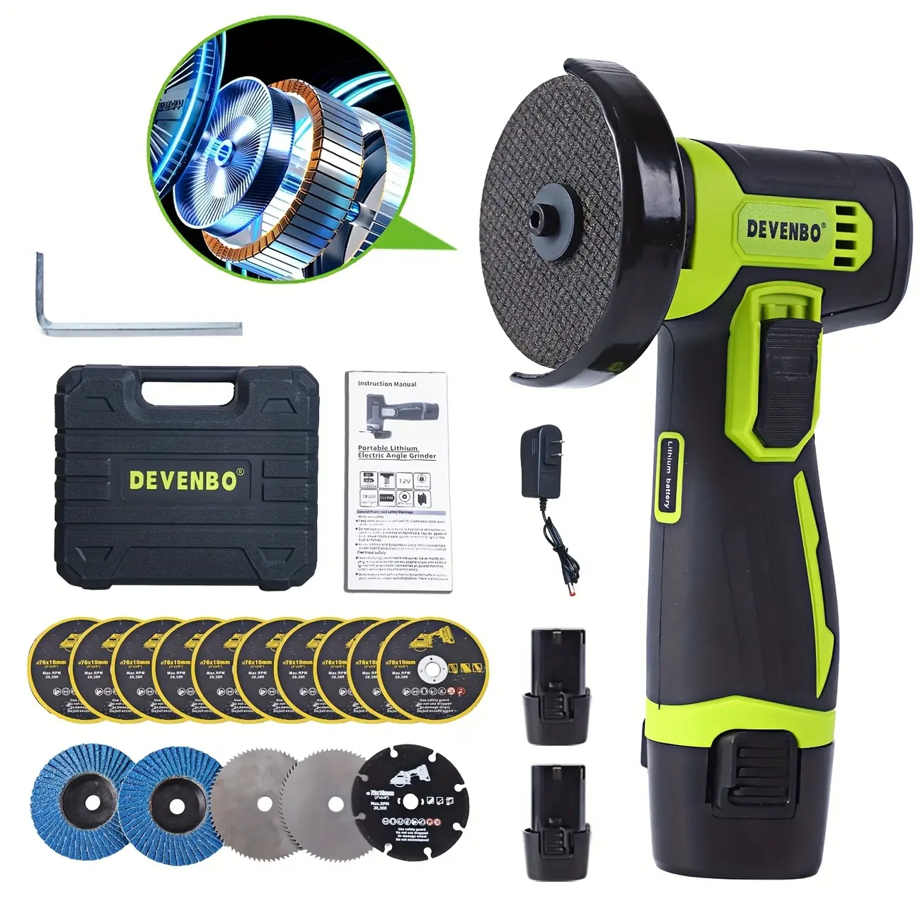 12V Lithium Ion Brushless Motor Cordless Mini Angle Grinder Kit, 10 Cutting Blades, 2 Batteries, Heavy Duty Electric Tool for Cutting/Grinding/Polishing, Christmas Gift Option