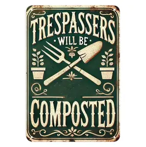 Vintage Gardening Tools and Trespassers Will Be Composted Metal Sign Print Aesthetic Room Decoration for Home Bedroom Dorm Bathroom Wall Decor 8X12 inch