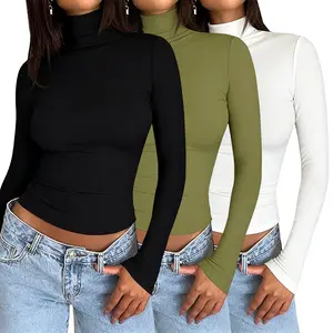 Women's Y2K Korean Style 3 Pack Crop Tops - Long Sleeve Crewneck & Turtleneck, Slim Fit Basic, Minimalist Layering Shirts for Casual Daily