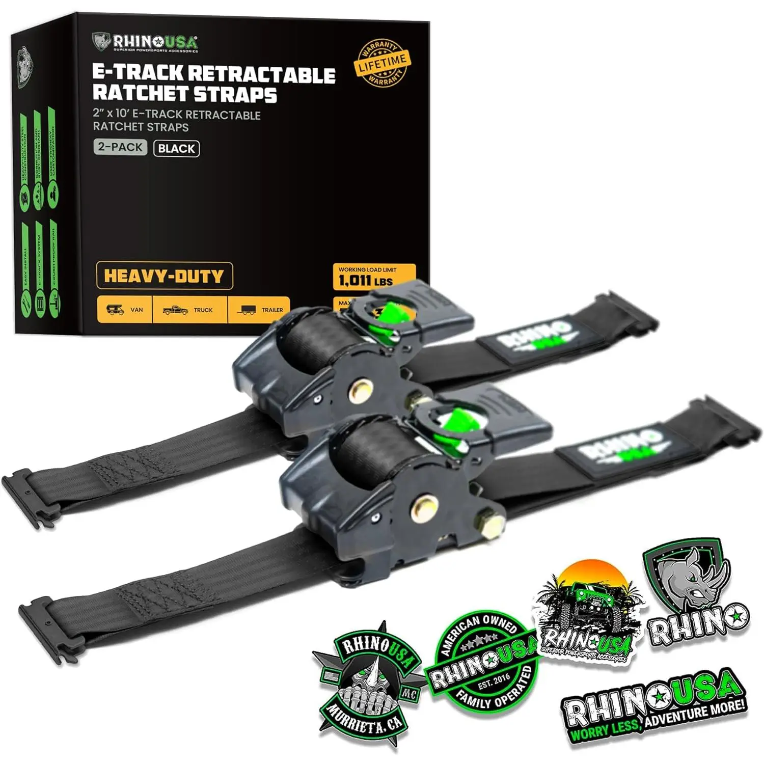 Rhino USA 2”x10’ Retractable E-Track Ratchet Straps: 3033lb Max Break Strength Compatible with E Track Rail Systems only
